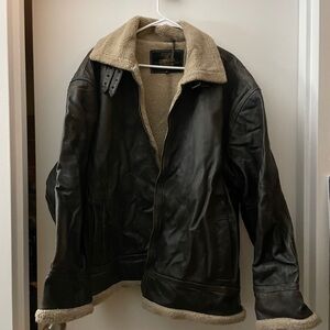 Top gun Men's Dark Brown Leather Jacket with Shearling Collar